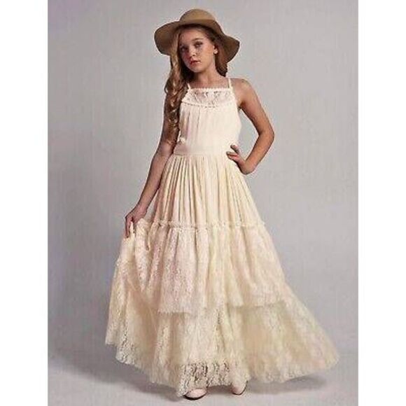 Bibihou Girls Kids Lace Back Full Length Backless Tulle Tiered Lace Formal Dress - Picture 1 of 5